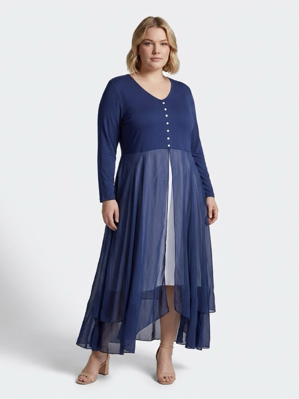 Navy Button-Front Chiffon Overlay Maxi Dress 4XL